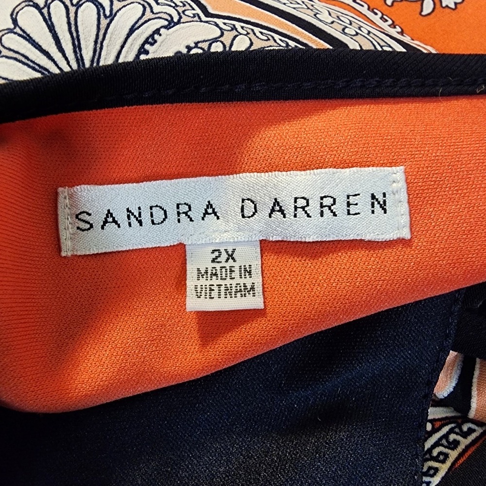 SANDRA DARREN Size 2X Vibrant Coral Navy Boho Chic Paisley Knee Lgth Shift Dress - Picture 10 of 12